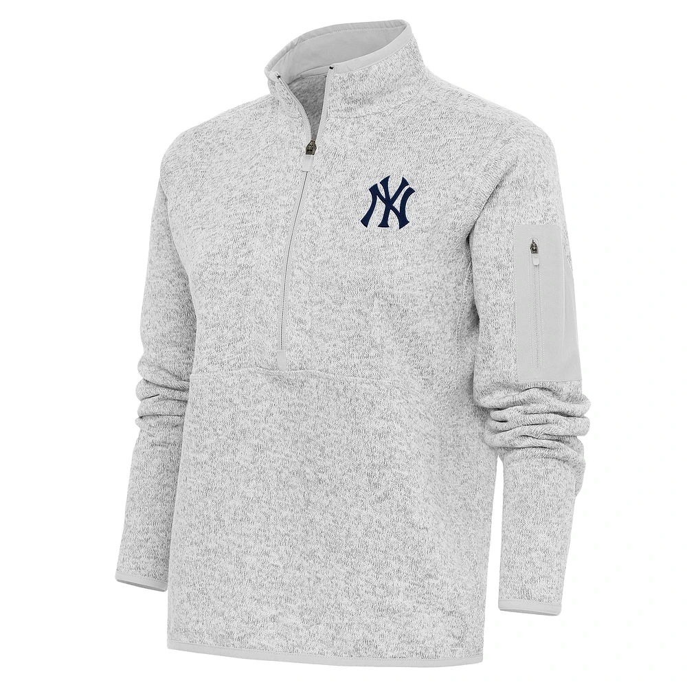 Women's Antigua Heather Gray New York Yankees Logo Fortune Quarter-Zip Pullover Jacket