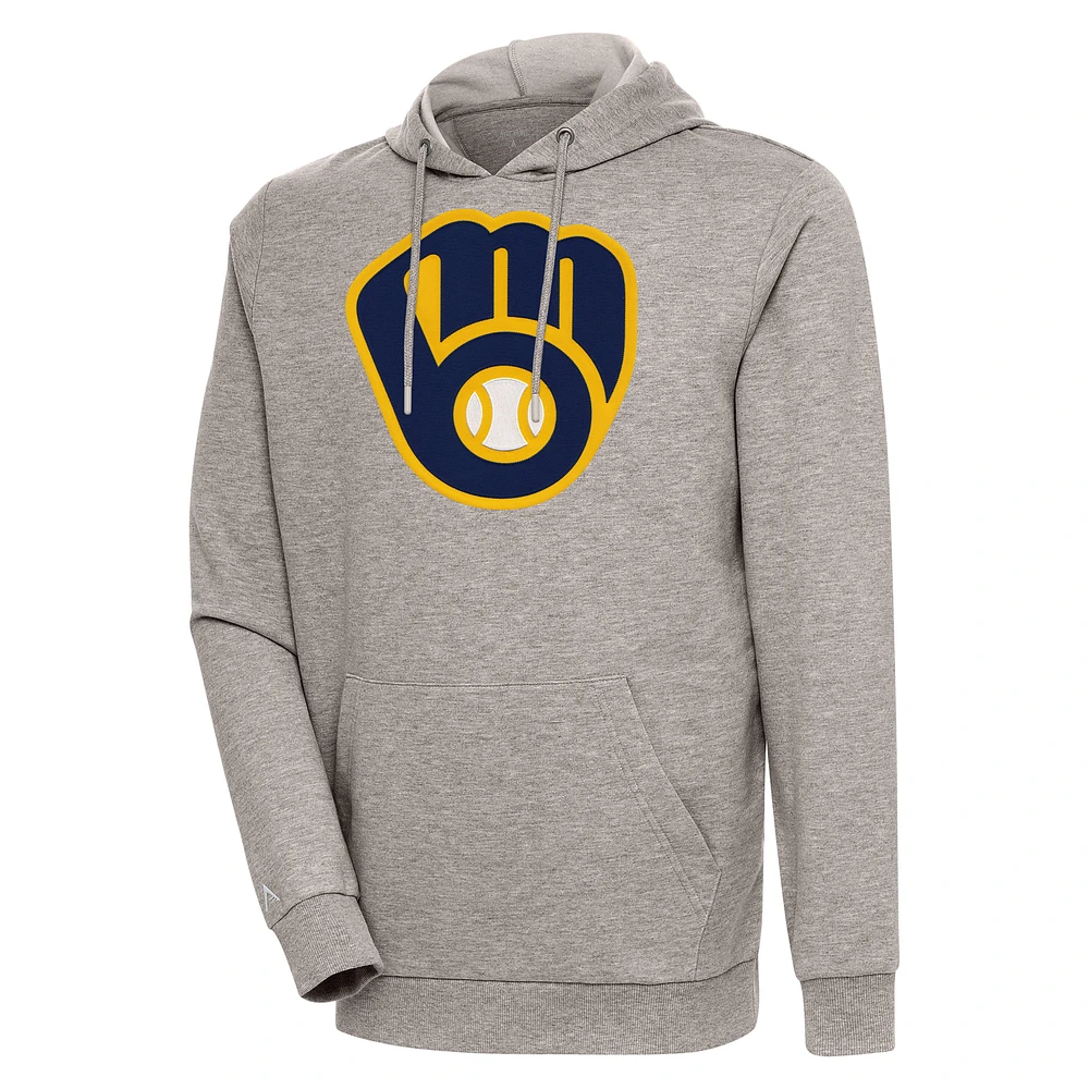 Men's Antigua Oatmeal Milwaukee Brewers Action Pullover Hoodie