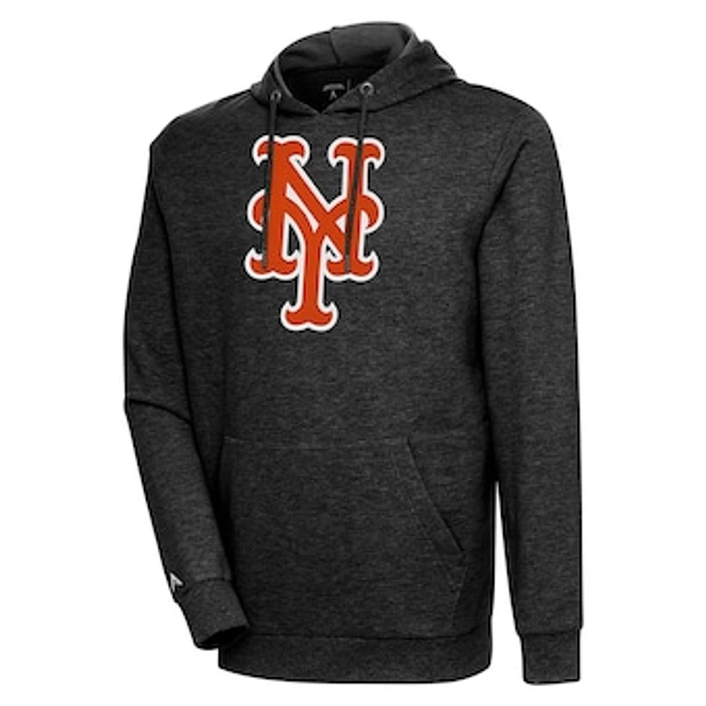 Men's Antigua Heather Black New York Mets Action Pullover Hoodie