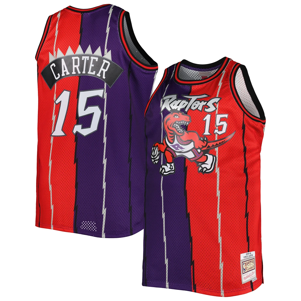 Men's Mitchell & Ness Vince Carter Purple/Red Toronto Raptors Big Tall Hardwood Classics 1998/99 Split Swingman Jersey