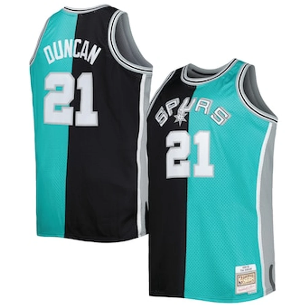 Men's Mitchell & Ness Tim Duncan Black/Teal San Antonio Spurs Big Tall Hardwood Classics 1998/99 Split Swingman Jersey