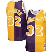 Men's Mitchell & Ness Magic Johnson Purple/Gold Los Angeles Lakers Big Tall Hardwood Classics 1984/85 Split Swingman Jersey