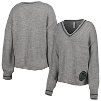 Women's Lusso Gray Brooklyn Nets Scarletts Lantern Sleeve Tri-Blend V-Neck Pullover Sweater