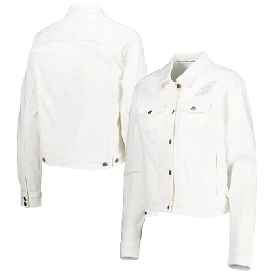 Women's Lusso White Los Angeles Lakers Swarovski Crystal & Distressed Button-Up Denim Jacket