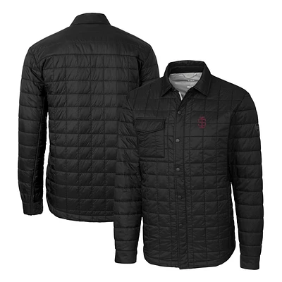 Men's Cutter & Buck Black Southern Illinois Salukis Team Logo Big Tall Rainier PrimaLoft Eco Insulated Quilted Button-Up Shacket