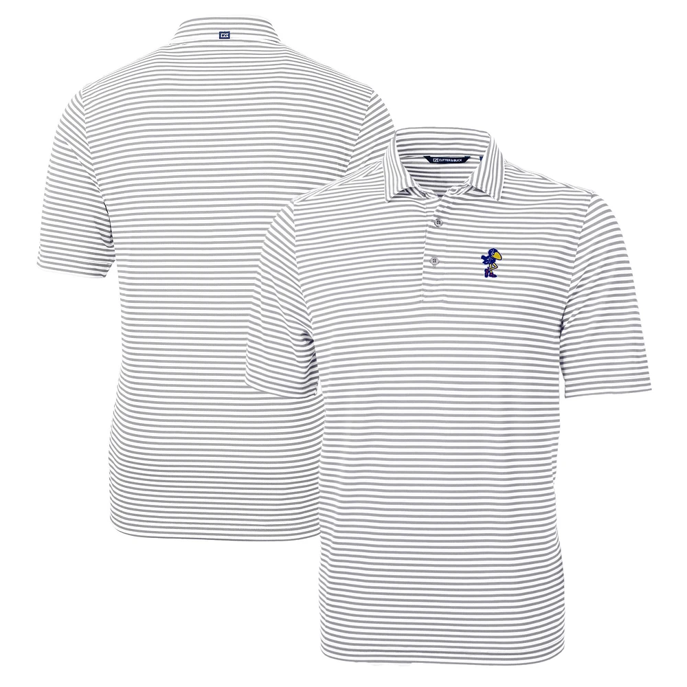 Men's Cutter & Buck Gray Kansas Jayhawks Big Tall Team Logo Virtue Eco Pique Stripe Recycled Polo