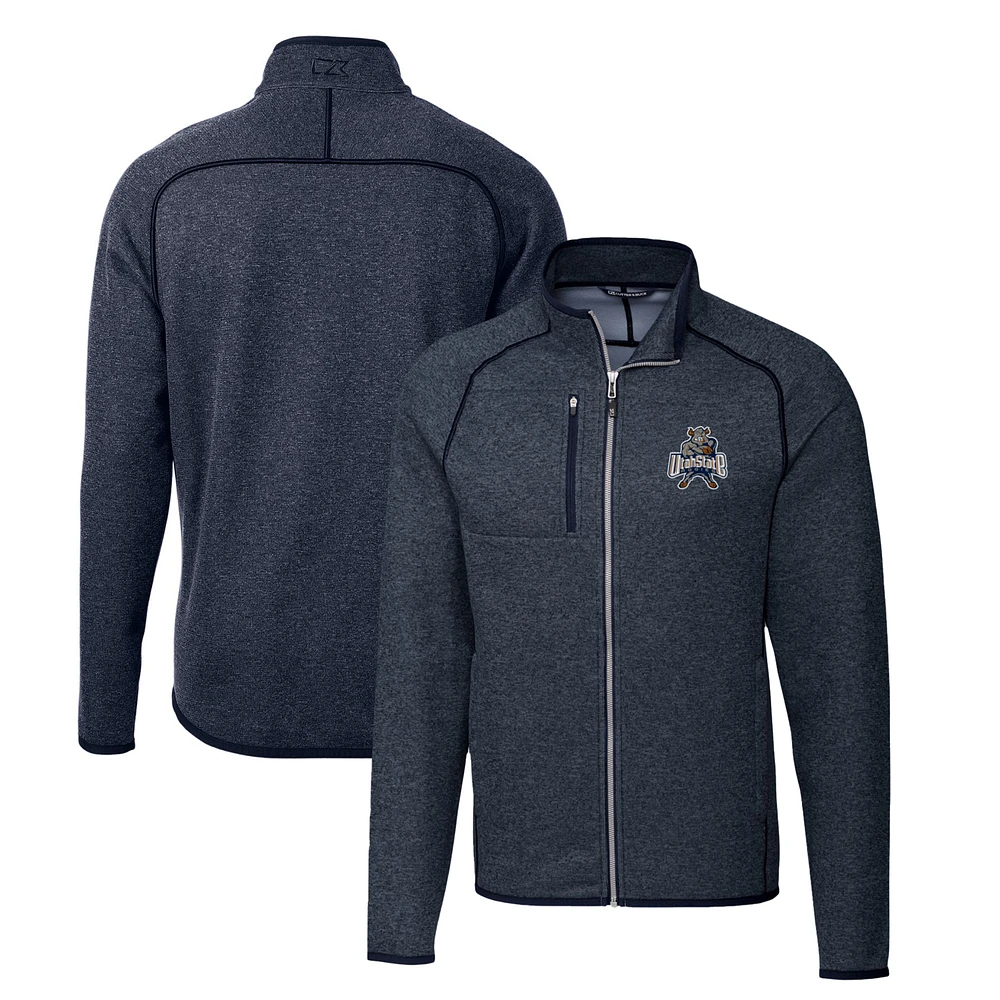 Men's Cutter & Buck Heather Navy Utah State Aggies Mainsail Sweater-Knit Full-Zip Jacket