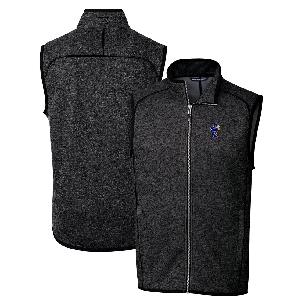Men's Cutter & Buck Heather Charcoal Kansas Jayhawks Mainsail Sweater-Knit Full-Zip Vest