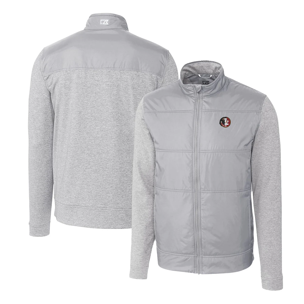 Men's Cutter & Buck Gray Florida State Seminoles Vault Stealth Hybrid Quilted Full-Zip Windbreaker Jacket