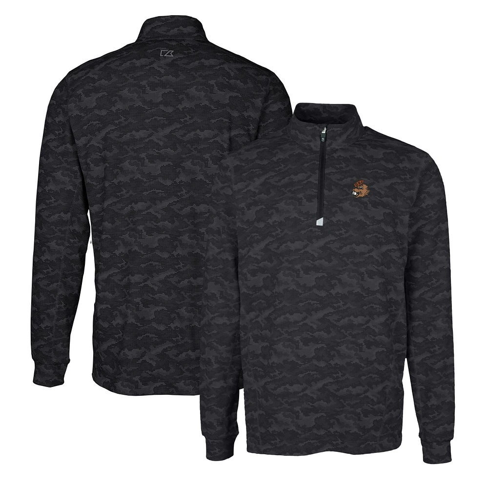 Men's Cutter & Buck Black Oregon State Beavers Vault Traverse Camo Print Stretch Quarter-Zip Pullover Top