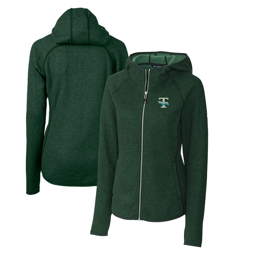 Women's Cutter & Buck Heather Green Tulane Wave Mainsail Sweater-Knit Full-Zip Hoodie