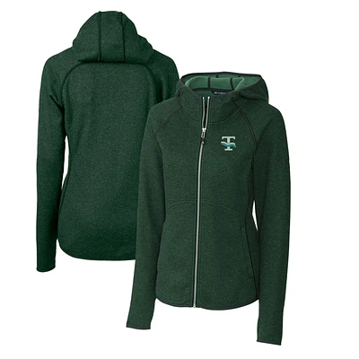 Women's Cutter & Buck Heather Green Tulane Wave Mainsail Sweater-Knit Full-Zip Hoodie