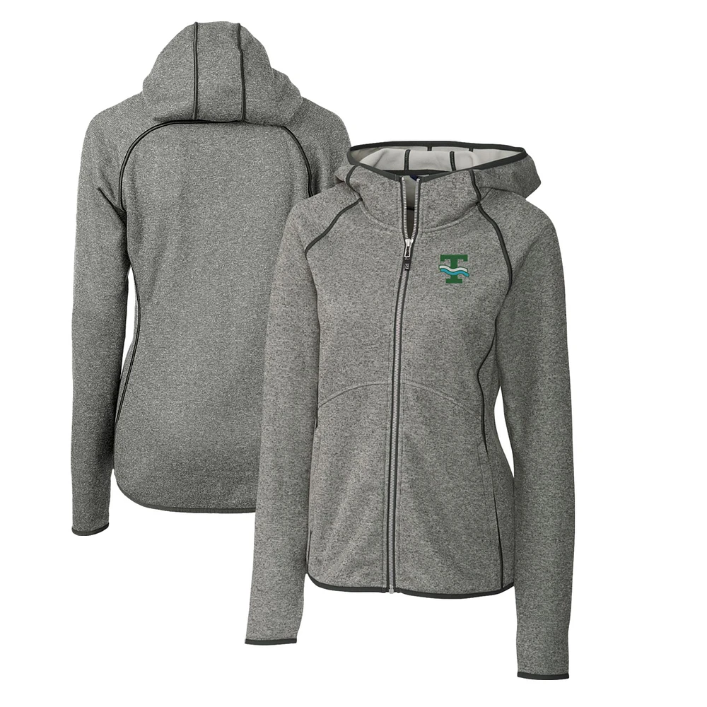 Women's Cutter & Buck Heather Gray Tulane Green Wave Mainsail Sweater-Knit Full-Zip Hoodie