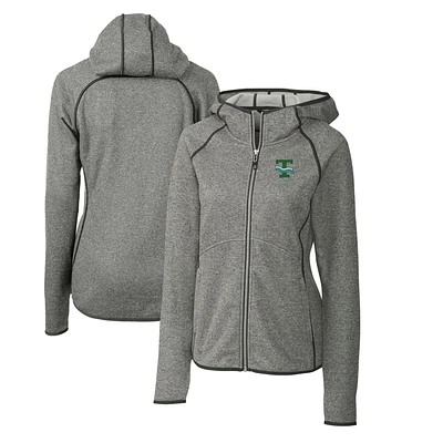 Women's Cutter & Buck Heather Gray Tulane Green Wave Mainsail Sweater-Knit Full-Zip Hoodie