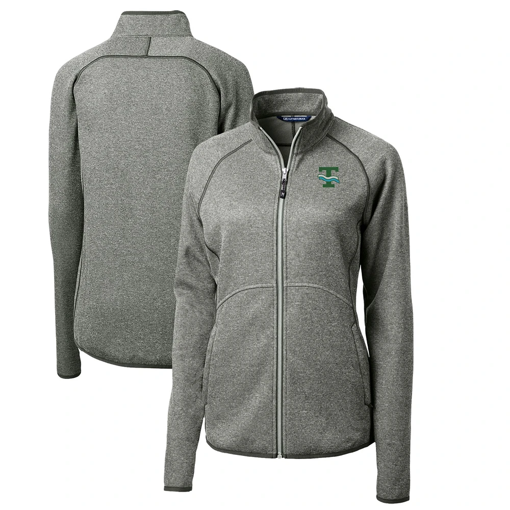Women's Cutter & Buck Heather Gray Tulane Green Wave Mainsail Sweater-Knit Full-Zip Jacket