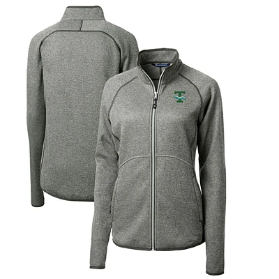 Women's Cutter & Buck Heather Gray Tulane Green Wave Mainsail Sweater-Knit Full-Zip Jacket