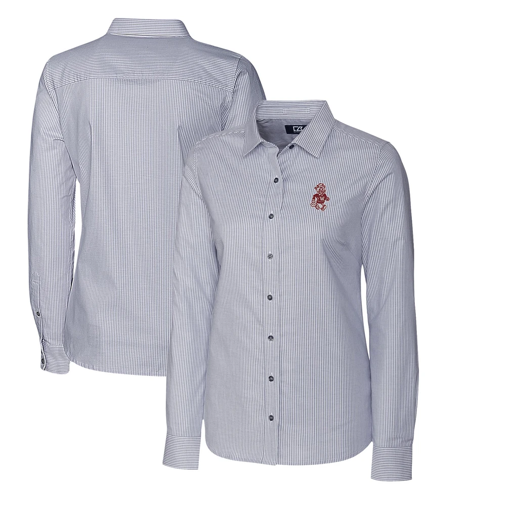 Women's Cutter & Buck Charcoal Washington State Cougars Oxford Stripe Stretch Long Sleeve Button-Up Shirt