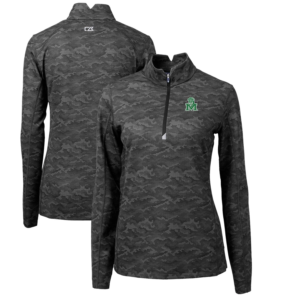 Women's Cutter & Buck Black Marshall Thundering Herd Traverse Camo Print Stretch Quarter-Zip Pullover Top