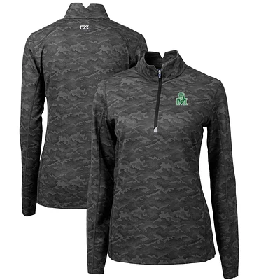 Women's Cutter & Buck Black Marshall Thundering Herd Traverse Camo Print Stretch Quarter-Zip Pullover Top