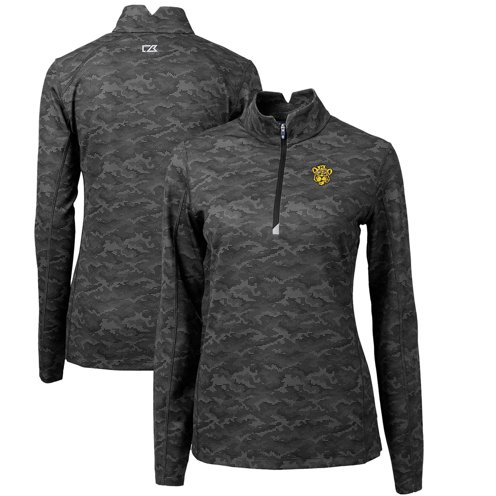 Women's Cutter & Buck Black Missouri Tigers Traverse Camo Print Stretch Quarter-Zip Pullover Top
