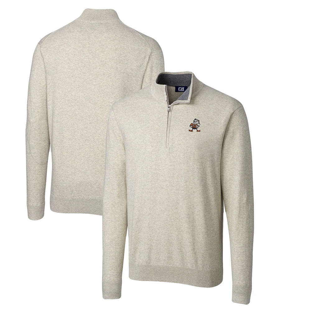 Men's Cutter & Buck Oatmeal Cleveland Browns Throwback Logo Lakemont Tri-Blend Big Tall Quarter-Zip Pullover Sweater