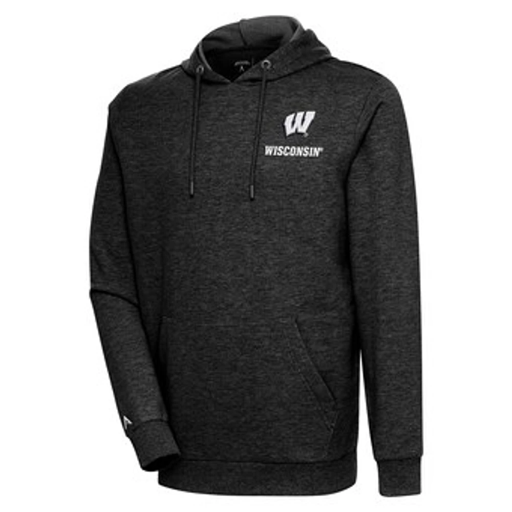 Men's Antigua Heather Black Wisconsin Badgers Action Pullover Hoodie