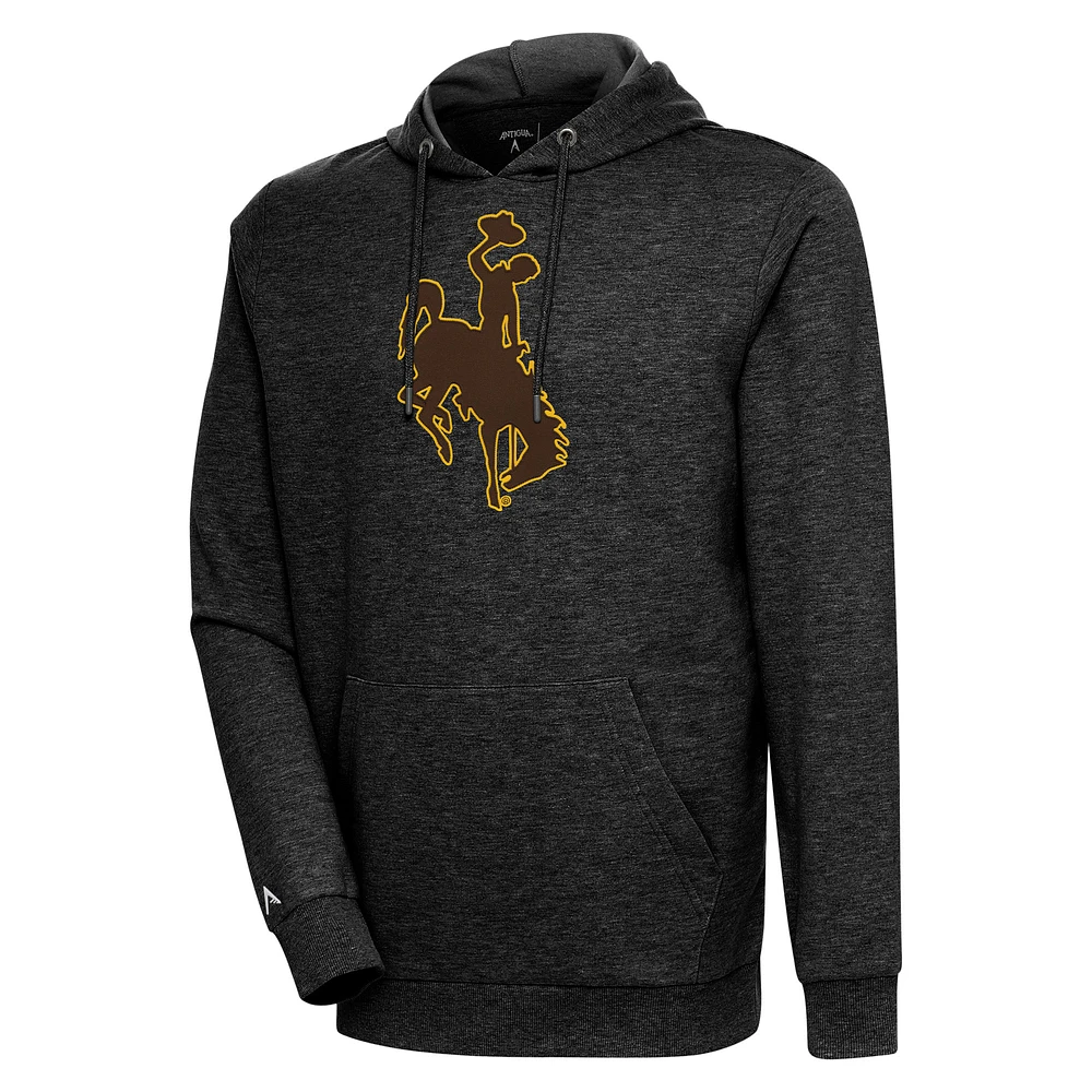 Men's Antigua Heather Black Wyoming Cowboys Logo Action Pullover Hoodie