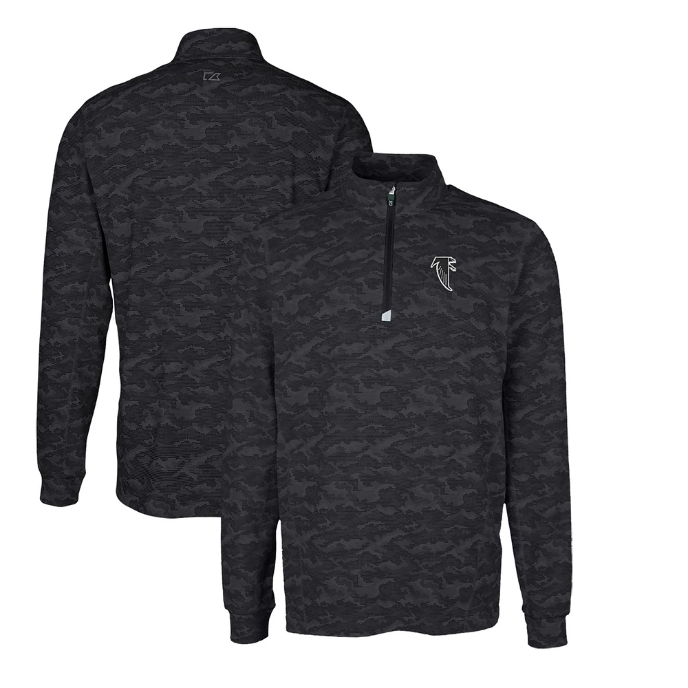 Men's Cutter & Buck Black Atlanta Falcons Throwback Logo Traverse Camo Print Stretch Quarter-Zip Pullover Top