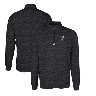 Men's Cutter & Buck Black Atlanta Falcons Throwback Logo Traverse Camo Print Stretch Quarter-Zip Pullover Top