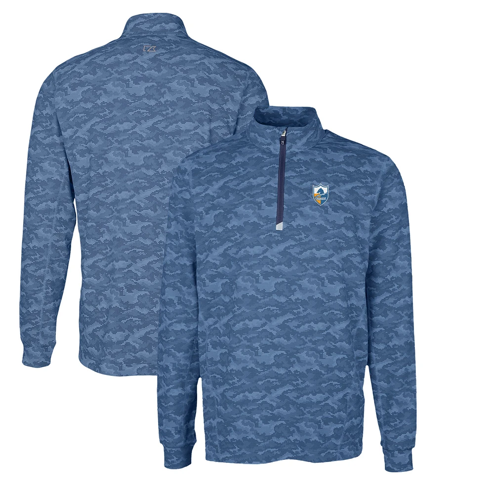 Men's Cutter & Buck Navy Los Angeles Chargers Throwback Logo Traverse Camo Print Stretch Quarter-Zip Pullover Top