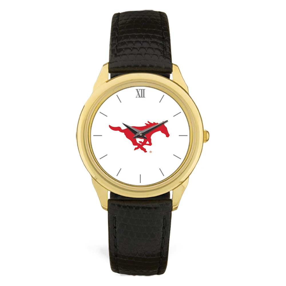 Gold SMU Mustangs Team Logo Leather Wristwatch