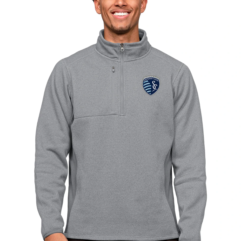 Men's Antigua Gray Sporting Kansas City Primary Team Logo Course Quarter-Zip Pullover Top