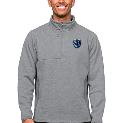 Men's Antigua Gray Sporting Kansas City Primary Team Logo Course Quarter-Zip Pullover Top