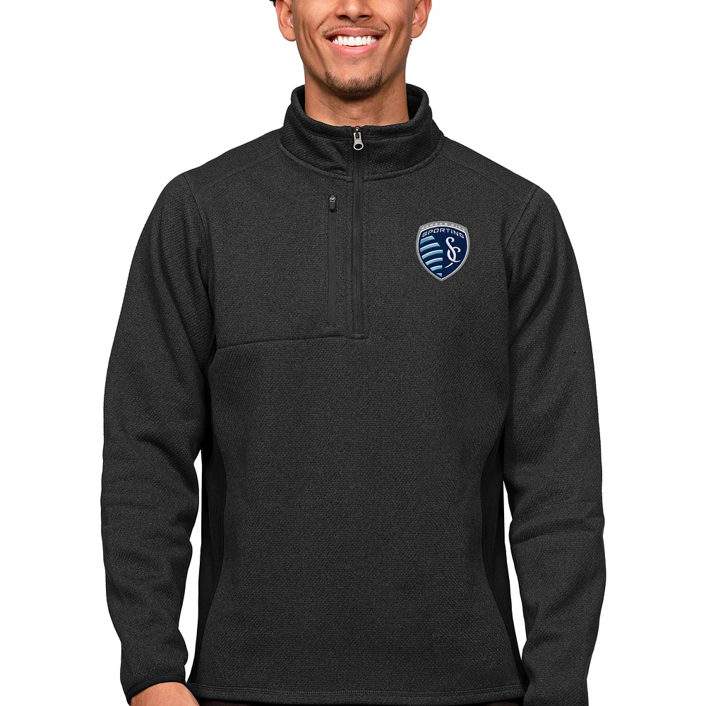 Men's Antigua Heather Black Sporting Kansas City Primary Team Logo Course Quarter-Zip Pullover Top
