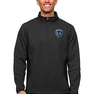 Men's Antigua Heather Black Sporting Kansas City Primary Team Logo Course Quarter-Zip Pullover Top