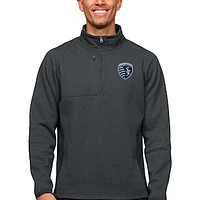 Men's Antigua Heather Charcoal Sporting Kansas City Primary Team Logo Course Quarter-Zip Pullover Top