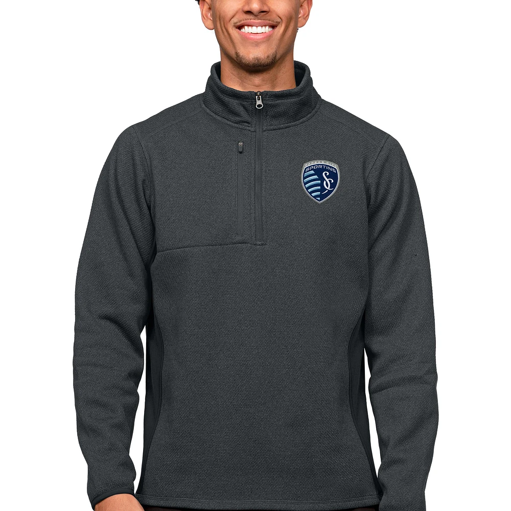 Men's Antigua Heather Charcoal Sporting Kansas City Primary Team Logo Course Quarter-Zip Pullover Top