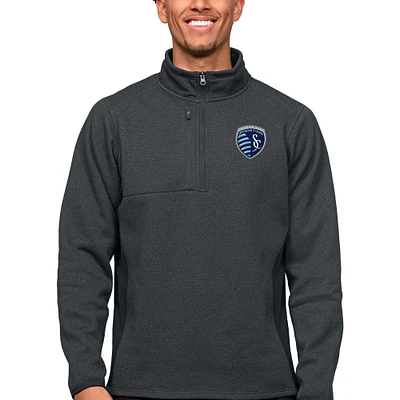 Men's Antigua Heather Charcoal Sporting Kansas City Primary Team Logo Course Quarter-Zip Pullover Top