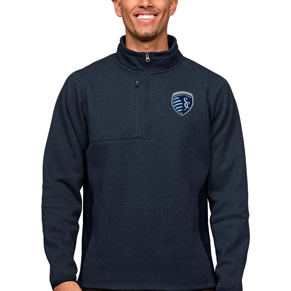Men's Antigua Heather Navy Sporting Kansas City Primary Team Logo Course Quarter-Zip Pullover Top