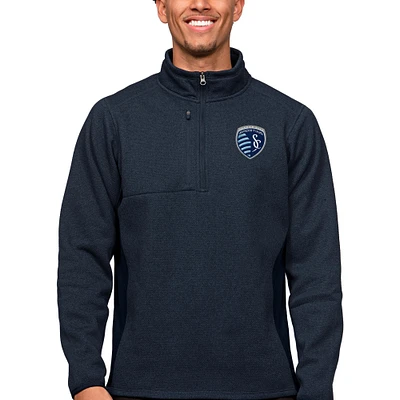 Men's Antigua Heather Navy Sporting Kansas City Primary Team Logo Course Quarter-Zip Pullover Top