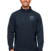Men's Antigua Heather Navy Sporting Kansas City Primary Team Logo Course Quarter-Zip Pullover Top