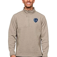 Men's Antigua Oatmeal Sporting Kansas City Primary Team Logo Course Quarter-Zip Pullover Top