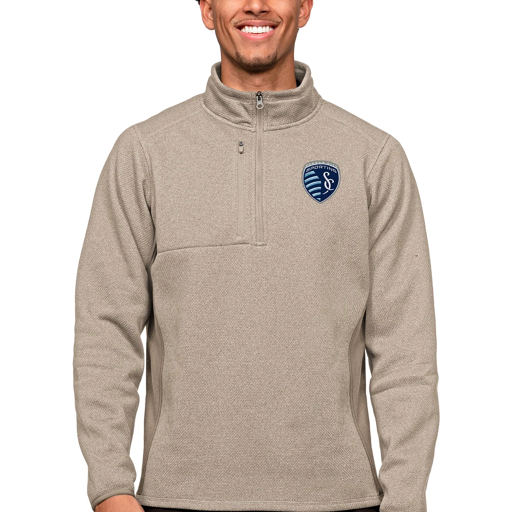 Men's Antigua Oatmeal Sporting Kansas City Primary Team Logo Course Quarter-Zip Pullover Top