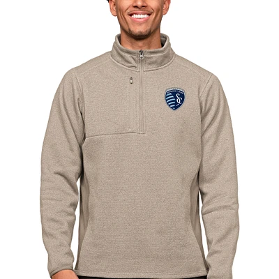 Men's Antigua Oatmeal Sporting Kansas City Primary Team Logo Course Quarter-Zip Pullover Top