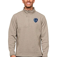 Men's Antigua Oatmeal Sporting Kansas City Primary Team Logo Course Quarter-Zip Pullover Top