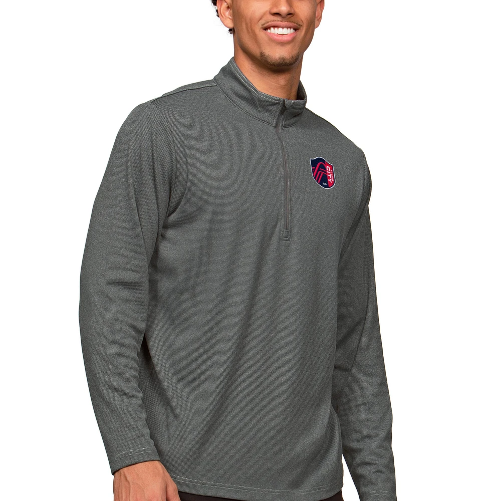 Men's Antigua Heather Charcoal St. Louis City SC Primary Team Logo Epic Quarter-Zip Pullover Top