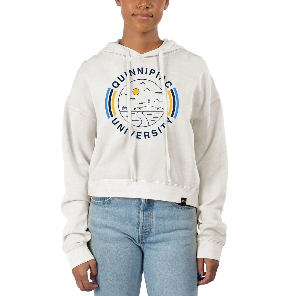 Women's Uscape Apparel White Quinnipiac Bobcats Pigment Dyed Fleece Crop Hoodie
