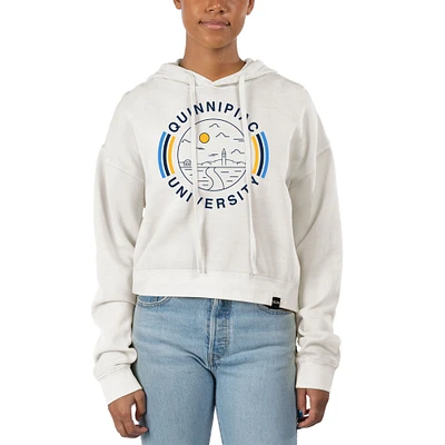 Women's Uscape Apparel White Quinnipiac Bobcats Pigment Dyed Fleece Crop Hoodie