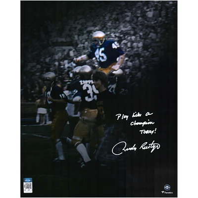 Rudy Ruettiger Notre Dame Fighting Irish Autographed 16" x 20" On Shoulders Spotlight Photograph with "Play Like A Champion Today!" Inscription