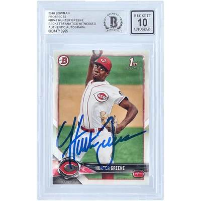 Hunter Greene Cincinnati Reds Autographed 2018 Bowman Prospects 1st Bowman #BP48 Beckett Fanatics Witnessed Authenticated 10 Card